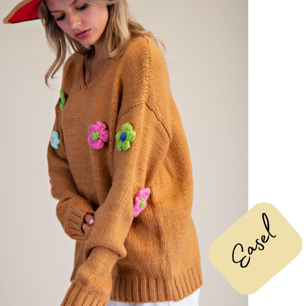 🌸🪶☮️Easel Daisy Flower Appliqué Knit Sweater Pullover NWT - Picture 5 of 7